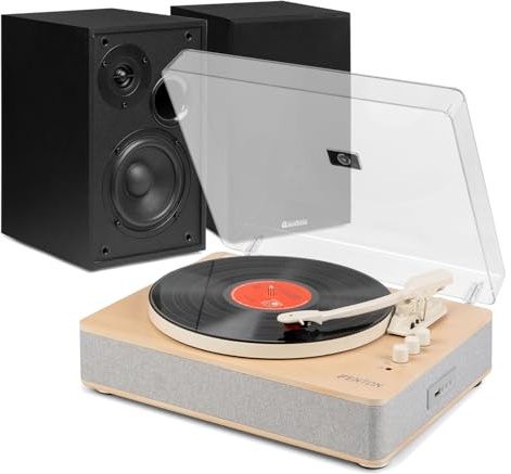 Fenton RP162S Vinyl Record Player System with Bluetooth Output & Premium Stereo Speakers, Wireless Streaming, Natural Wood, Upgraded Sound, Home Audio Essentials, Easy Setup, Built-in Speakers