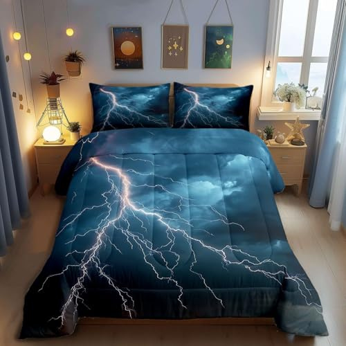 White Lightning Comforter Set Queen Kids Boys Teens Lightning Storm Room Decor Natural Weather Bedding Set,Soft Lightweight Blue Sky Duvet,Youth Young Man Quilt,1 Comforter + 2 Pillowcase