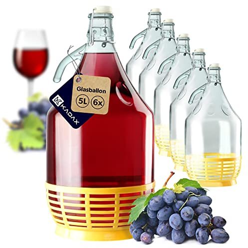 KADAX Weinballon 5L, Glasballon für Wein 6 stück, Weinfass aus glas, Gärballon, Fass für Wein aus Glas, Bügelflasche mit Korb, Gärbehälter für Wein, Glasgärballon Set