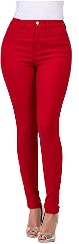 Dninmim Dam hög midja elastiska smala pennbyxor vår höst smala vardagliga jeans, Röd, XL