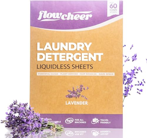 Flowcheer Laundry Detergent Sheets,Lavender Scent,60 Loads,Concentrated Travel Size,Hotel Essential,Power Cleaning Strips for Cleaner Clothes,Hand Wash OK,Eco-friendly,Space Saving