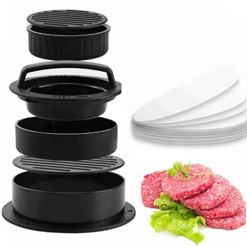 Burgerpresse Burger Maker - Hamburgerpresse 4 in 1 Set, Gefüllte Burger Sandwichschneider, Fleisch Rindfleisch Gemüse Hamburger-Pattiform mit 100 Stück Wachspapier-Discs für leckere Hamburger Gemüsebu