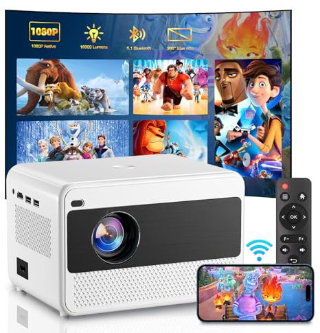 Proiettore Portatile 1080P Full HD, Videoproiettore con WiFi 5G e Bluetooth 5.1, Home Theater Proiettore TV 16000 Lumen, Zoom Elettrico 50%, Compatibile con iOS/Android/PS5/Fire Stick/USB/HDMI