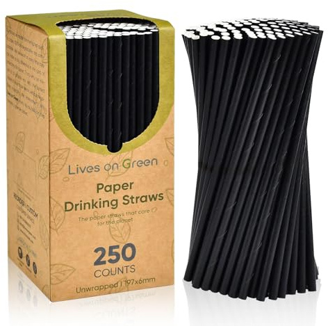 Lives on Green Schwarze Papiertrinkhalme, Biologisch Abbaubar, 19,7 cm x 0,6 cm, für Cocktails, Getränke, Bars und Restaurants, 250 Stück