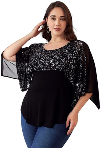 LapaPlus 2025 Hauts pour femmes avec paillettes de grande taille - Tunique d'été à manches courtes brillantes - T-shirt à col en V décontracté pour soirée, Noir , 4XL Grande taille