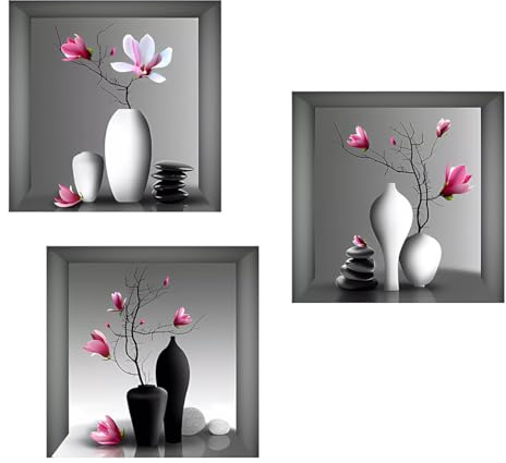 Kibi Lot de 3 impressions murales modernes, fleurs de magnolia avec vases, décoration zen en noir et blanc autocollants 3D vinyle amovible Wall Sticker pour salon, chambre à coucher, salle de bain