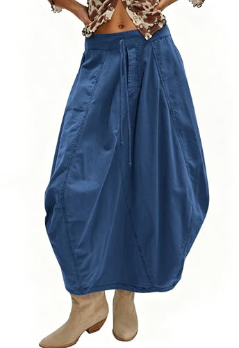 TERIVEEK Women Poplin Midi Skirt Baggy Drawstring Mid Rise Parachute Skirt Y2k Cargo Maxi Long Skirt with Pockets Streetwear, Dark Blue, L