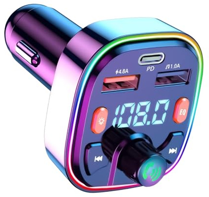 Trasmettitore Bluetooth per Auto FM 5.0, Adattatore Vivavoce Auto, 3 Porte USB QC3.0 e Tipo-C PD 20W, Lettore MP3, Supporto Chiavetta USB TF Card, Display LED, Audio Hi-Fi e Riduzione Rumore