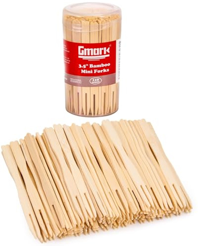 Gmark Premium Thick & Sturdy Natural Bamboo Double Prongs Mini Forks 3.5 Inch 110pc, Fruit Picks/Cocktail Forks/Party Forks/Buffet Forks/Cocktail Picks for Appetizer, Cocktail, Pastry GM1031A