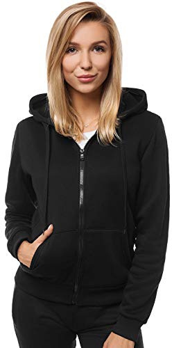 OZONEE Damen Kapuzenpullover Sweatjacke Sweatshirt Farbvarianten Kapuzenjacke Kapuzenpulli Langarm Kapuze Hoodie Sport Style Casual Fitness Basic Training JS/W03 SCHWARZ S
