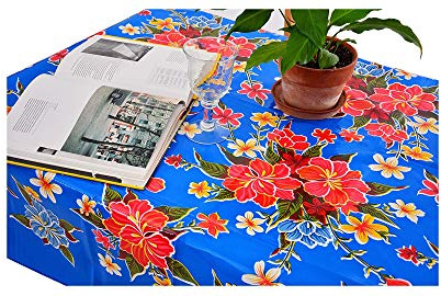Alux Hibiscus Flowers Oilcloth Tablecloth for Patios, Picnic and Kitchen Tables - Blue and Red - Plastic Vinyl - Mantel de Plastico (55x70in Rectangle)