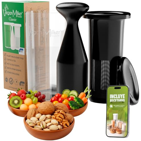 Vegan Milker Máquina para Hacer Leche Vegetal Casera, Leche de Avena, Soja y más | 1L en 1 Minuto 100% Natural con Filtro | Compatible con Batidora de Mano | Incluye Ebook de Recetas | Classic Negro