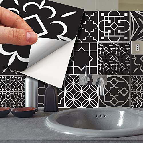 WALPLUS 15cm(6)@48pcs Arabic Black and Silver Wall Tile Sticker Tile Paint Stick on Tiles Peel and Stick Self Adhesive Wall Tiles Stickers for Kitchen Bathroom Tile Transfer Backsplash Tile