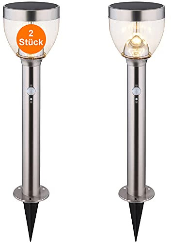 bmf-versand® Solarlampen für Außen mit Bewegungsmelder Edelstahl mit LED 2er Set - Solarleuchten Garten Groß Erdspieß - Gartendeko Modern Solar - Außenlampe Stehend - Höhe 55 cm