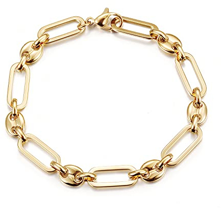 WISTIC Paperclip Coffee Bean Bracelets Stacked Paper-clip Link for Women Adjustable Clasp Gold Plated Stainless Steel Link Charm Chain