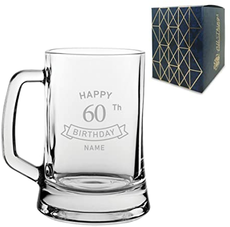 Personalised Engraved Tankard Beer Mug Stein Happy 60th Birthday Banner Design Gift Boxed, 16.75oz/495ml Classic Beer Glass, Any Name, Engraved in The UK