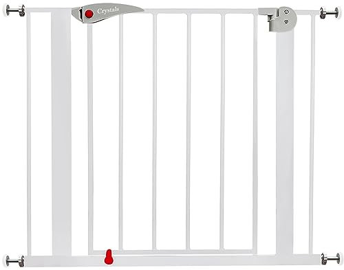 Baby Gate for Doors and Stairs, 10 cm Extension, Stair Gate Pressure Fit - No Screws, Child Stair Gate for Widths 75 to 85 cm, Dog Safety Gate One-Handed Opening to Both Sides, Metal, White/Grey