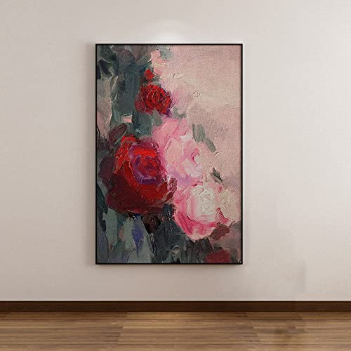 Ölbilder Auf Leinwand Handgemalt, Vintage Rote Rose Blume Blätter Abstrakte Kunst Moderne Kunstwerke Rahmenlose Handgemalte Ölgemälde Auf Leinwand Wandkunst Für Wohnzimmer Schlafzimmer Büro W