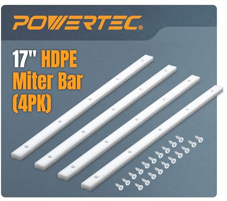 POWERTEC Crosscut Sled Miter Bar for Table Saw Sled, 3/4 x 3/8 x 17 with Predrilled Holes & Screws for Router Table, Bandsaw, Taper Jig, Table Saw Accessories for Woodworking, 4PK (71793)