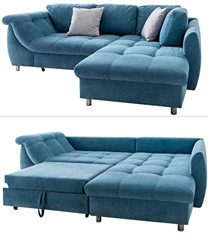 Modernes Ecksofa mit Schlaffunktion B250/T190/H84 cm, Wellenunterfederung mit Komfortschaum, L-Couch, Longchair Ottomane rechts, Bezug Mikrofaser Blau, 2 Zierkissen Grau / 17107