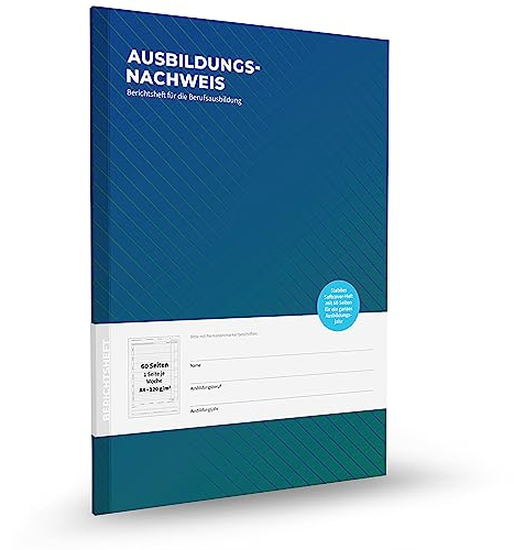 Ausbildungsnachweisheft, 60 Seiten für 1 Jahr, hochwertiges Berichtsheft für die Ausbildung, Softcover mit Fadenheftung, DIN A4, 1 Woche je Seite, Montag bis Sonntag
