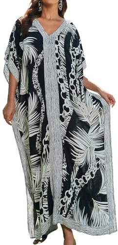 Bsubseach Caftans per Le Donne Plus Size Kaftan Vestito Lungo Costume da Bagno Coverup Manica Corta Casual Maxi Vestito Nero Bianco