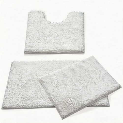 MEGAROOM Non Slip Chenille Bath Mat Set - Bathroom Mat Set with U-Shaped Toilet Mat - Soft and Anti Mould Bath Mat 3 Pieces for Safety and Comfort, Water Absorbent and Quick Drying（White）