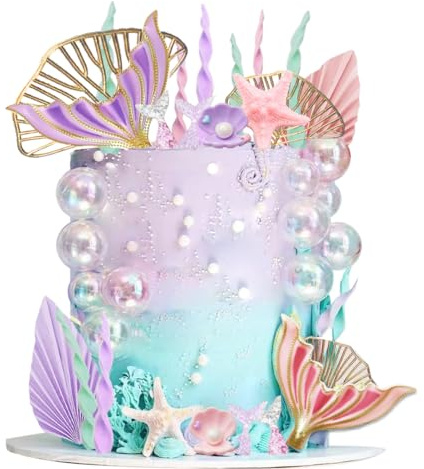 Mermaid Cake Topper Big Mermaid Tails Seaweed Bubbles Shells and Golden Ginkgo Leaves Cake Set for Mermaid Under the sea Cake Decor