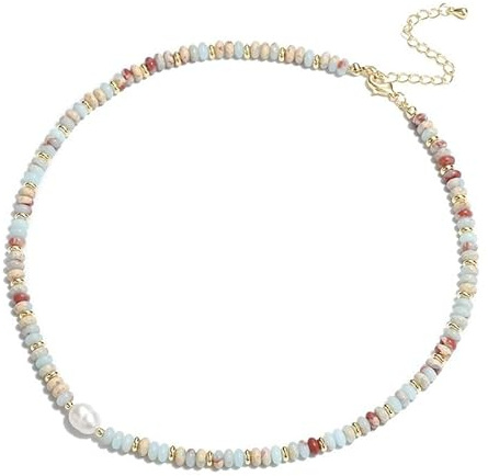 Aleasha Bunt Perlenkette Damen Bohemian Edelstein Kette süßwasserperlen Strand Halskette Edelstahl Handgefertigte Schmuck 38+5cm