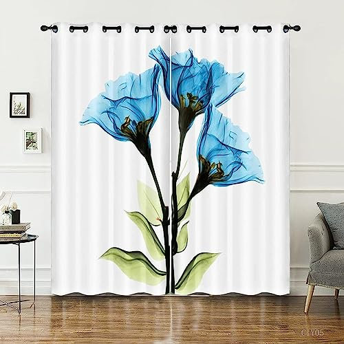 Vorhang, Kinderzimmer, 3D Blaue Verträumte Blumen Kindervorhänge Mit Ösen, Polyestervorhänge, Wärmeschutzvorhang, Blickdichter Vorhang Mit Ösen, Kindervorhänge Für Wohnzimmer, Schlafz-0S3Z8Q5H1U6