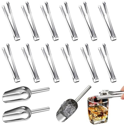 Zuckerzange, 14 Stück Edelstahl Zuckerzange Set, 12 Stücke Zuckerzange und 2 Stücke Eisschaufel Eiswürfelzange Gebäckzange für Eiswürfel Lebensmittel Frittiertes Nudeln(Silber)