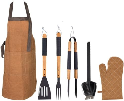 5pcs Premium BBQ Tool Set for Gas or Charcoal Barbecue Grills - Includes; Tongs, Fork, Spatula, Cleaning Wire Brush, Apron