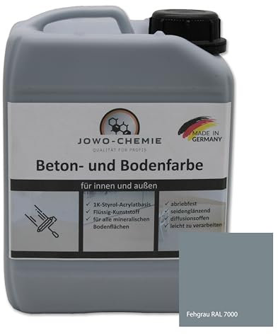 JOWO-CHEMIE Bodenfarbe (5kg) Betonfarbe Flüssig Kunststoff für 40m² Grauton Beton Estrichfarbe Beschichtungen für alle mineralischen Bodenflächen (Fehgrau RAL 7000)