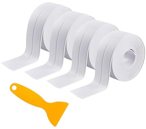 GJNMYSD 4 Rolls Self Adhesive Waterproof Sealant Tape - White Bathroom & Kitchen Caulk Strip for Bathtub, Sink, Shower Sealing - Includes Sealing Tool