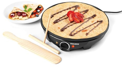 Progress Crepe Maker – Electric Pancake Machine, 30 cm Non-Stick Cooking Plate, 3 Minute Pre-Heat, Adjustable Temperature, Batter Spreading Tool, Cool-Touch Base, Power Indicator Lights, EK2510PAR