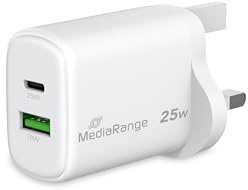MediaRange GaN Ladegerät 25W UK-Stecker 1x USB-C + 1x USB-A | GaN-Technologie | USB-C Power Delivery | Quick Charge | GS-zertifiziert