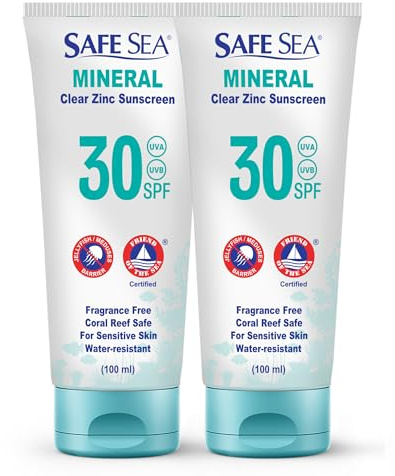 Safe Sea Zinc Oxide Sunscreen SPF30 | Clear Mineral Face And Body Sunscreen Without White Cast | Anti-Jellyfish Sting Protective Lotion | Travel Size - 100ml (2 Pack)