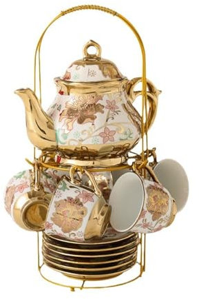 YLME Porzellan-Teeservice 6 nordische Keramik Tassen und Untertassen Kaffeetasse, Teetasse Mit Untertasse, Löffel, Teekanne und Ablage Nachmittagsteetassen-Set für Party-Esszimmer