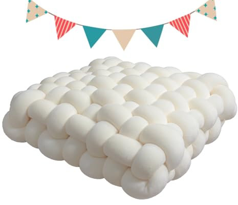 PromCaeruyn Kuschelkissen Quadratisches Knotenkissen Bodenkissen Dekokissen für Büro Schlafzimmer Wohnzimmer Wohnheim Auto Knoten Handgemachtes Kissen(Cream,33 * 33 * 12cm)