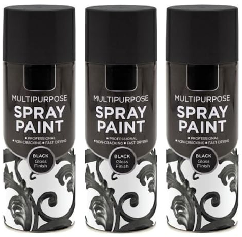 Inspired Essentials 3 x 400ml Multi Purpose Spray Paint Aerosol Wood Metal Brick - Black Gloss