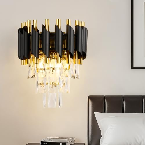 HARPER LIVING Crystal Wall Light, Modern Wall Lamp Indoor with 3 Tiers Crystals, Black & Gold Finish, 2xE14 Luxury Crystal Sconce Light for Living Room Bedroom Hallway Hotel
