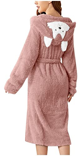 Vestaglia da donna con orsacchiotto, soffice vestaglia con cappuccio da donna, vestaglia comoda vestaglia invernale mattutina in pile accappatoio bianco camicia da notte pigiama leggero, rosa, XL