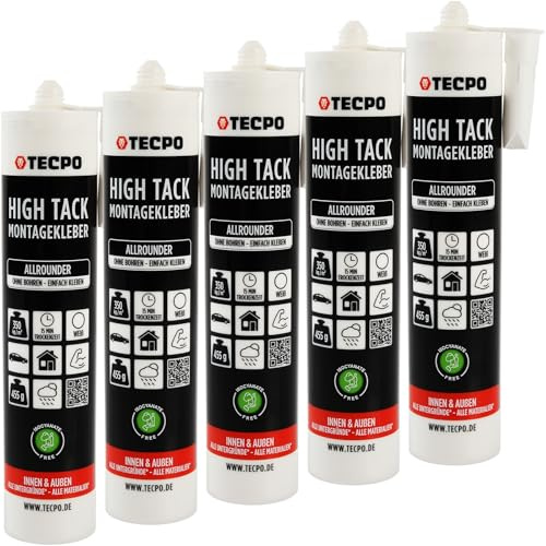 TECPO High Tack Montagekleber, 5X 455g zum Kleben, Dichten und Montieren Baukleber für Innen-und Außenbereich MS-Polymer Baukleber mit starker Anfangshaftung für Bauteile Kleben statt Bohren
