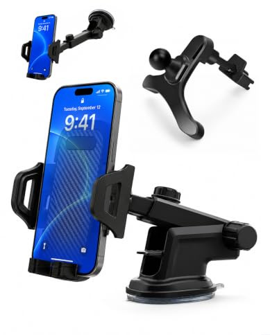 Laven & Ivory Car Phone Holder for Cars, 2-in-1 Dashboard & Air Vent Phone Holder for Car, 360° Adjustable Strong Suction Car Phone Mount, One-Button Release for iPhone & Android 4–7 Inch