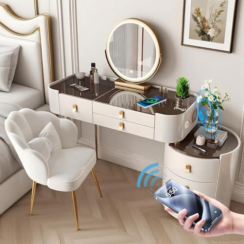 Vofikoli Schminktisch mit Beleuchtung, 3 einstellbare Helligkeiten, für Schlafzimmer, 1 Seitenschrank 5 Schubladen, Frisiertisch mit Spiegel, Modern Schreibtisch Kosmetiktisch Kombi (Weiß, 100cm)