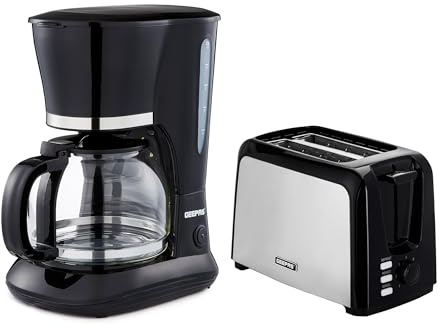 GEEPAS 1.5L Filter Coffee Machine & 2 Slice Toaster Combo Set | 800W Coffee Maker for Instant Coffee Espresso Macchiato & More | 750W Bread Toaster 7 Browning Levels Crumb Tray Cord Storage Black