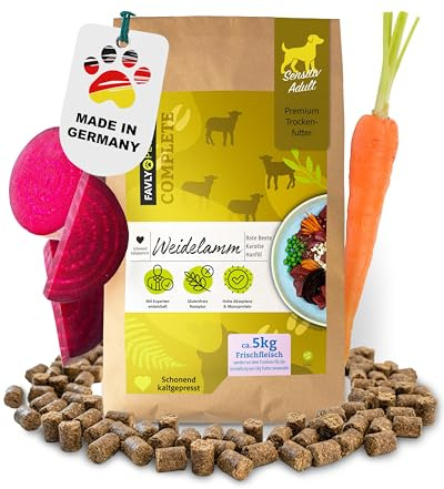 FAVLY Weidelamm Trockenfutter für Hunde 5kg, kaltgepresst, glutenfrei | Monoprotein für Allergiker & sensible Hunde, mit Roter Beete, Karotte & Hanföl, quillt nicht auf, ohne Zusätze