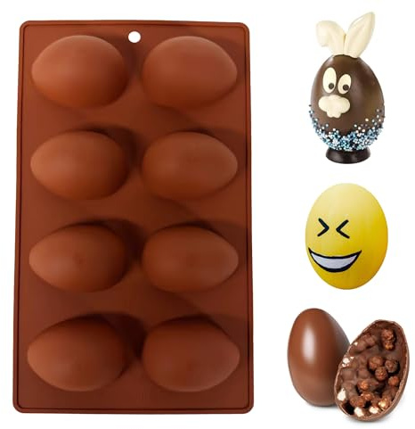 douyif Molde huevo de chocolate, 8 Cavidades 5,9 x 4,2 cm Molde de silicona de medio huevo, Moldes Silicona Pascua para Huevos de chocolate dulces pasteles postres Mousse, 1 pieza (Marrón, egg)