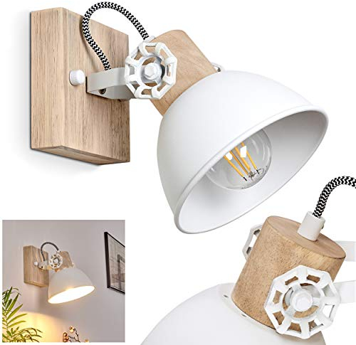 Lampada da parete Orny, lampada da parete orientabile in metallo/legno in bianco/marrone, 1 luce, 1 attacco E27, spot da parete in design retro/vintage, senza lampadina/e