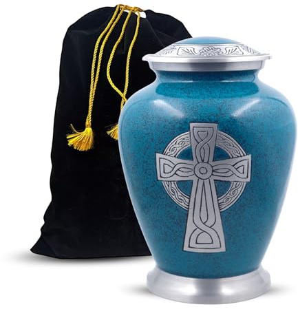 Hind Handicrafts Urna de cremación de aluminio grabada con cruz celta para cenizas humanas para adultos, urna funeraria hecha a mano para cenizas, grande, bolsa incluida (7 x 7 x 10 pulgadas, 200